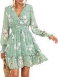Women's Floral Chiffon Long Sleeve Mini Dress Flowy A-Line Wrap Neck Tie Back Short Dress
