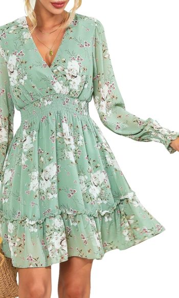 Women's Floral Chiffon Long Sleeve Mini Dress Flowy A-Line Wrap Neck Tie Back Short Dress